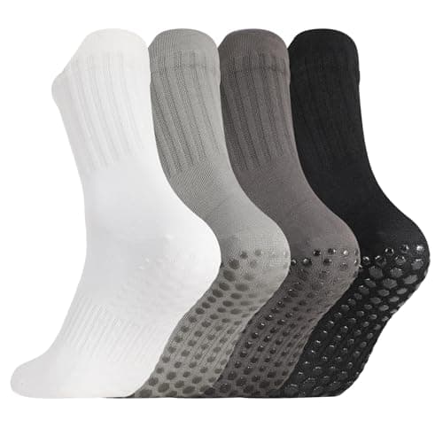scenicamp 4 Pairs Mens Grip Socks Non Slip Size 6-9, Anti Slip Pilates Yoga Socks, Men Ankle Socks with Grips for Hospital, Pilates, Fitness Grippy Socks, Black, White, Gray, Light Gray(medium tube)