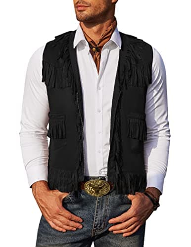 COOFANDY Men's Western Cowboy Vest Rodeo Vest Casual Fringe Hippie Costume V Neck Zipper Suede Leather Waistcoat