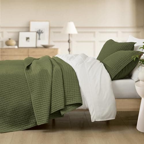 Wonderful Cotton Blended Jersey Knit Queen Quilt, Stitch Bedding Heather Dark Green Quilt with 2 Pillow Shams, Cloud Bedpsread, All-Season Coverlet, 94"x94"