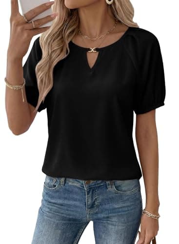 EVALESS Business Casual Tops for Women 2026 Trendy Dressy Spring Summer Work Blouses Cute Pleated Keyhole Office Short Sleeve Shirts Blusas Mujer,Black XX-Large