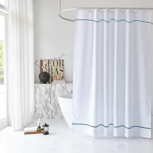 youngseahome White Shower Curtain with Teal Border, Modern Chic Faux Linen Fabric Shower Curtains for Bathroom and Hotel,72 x 72 Inches