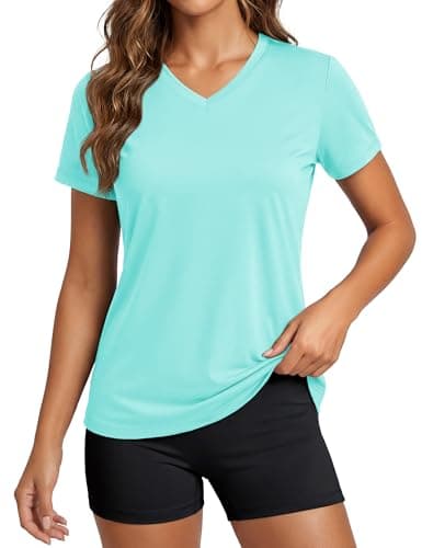 MAGCOMSEN Quick Dry Shirts Women Short Sleeve Running Outdoor Hiking Shirts Rash Guard Summer Workout Tops Lake Blue S