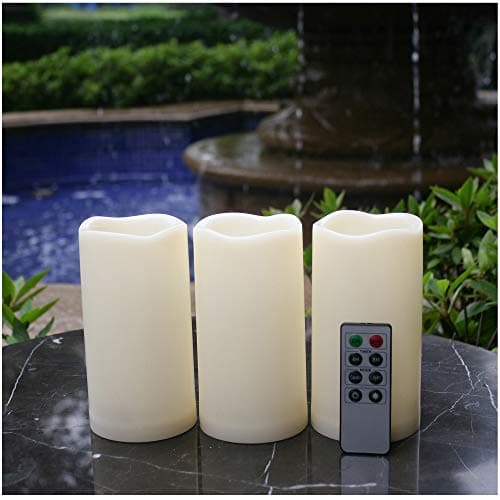Waterproof Outdoor Flameless LED Candles - with Remote and Timer Realistic Flickering Battery Operated Electric Plastic Resin Pillar Candles for Christmas Decoration 3-Pack 3”x6”