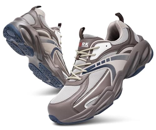 LARNMERN Steel Toe Shoes for Men Non Slip Composite Puncture Proof Ergonomic Safety Work Construction Sneakers Lightweight Breathable Tennis Shoes(8 Men, Coffee Blue)