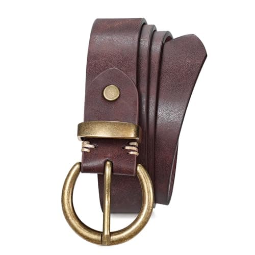 JASGOOD Women Leather Belt for Jeans Pants Vintage PU Leather Belt Solid Brass Circle Buckle for Ladies,Dark Coffee
