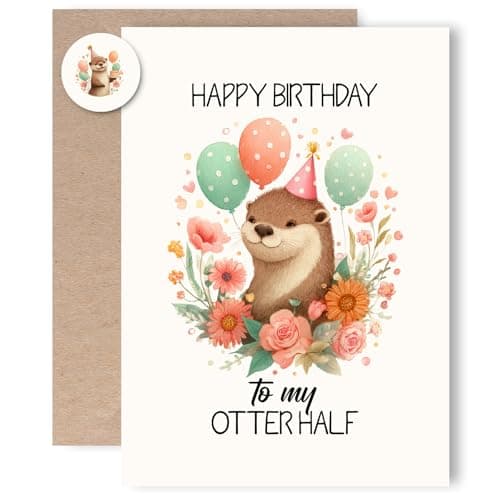 MOSSSH Cute Otter Half Birthday Card for Husband Wife, Boyfriend Girlfriend, with Envelope and Sticker