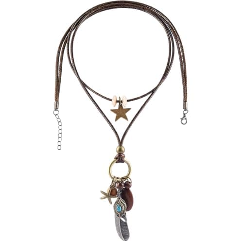 MEETCUTE Vintage Layered Necklace for Women, Leather Cord with Star Feather Turquoise Charms, Retro Boho-Statement Jewelry for Daily Outfit & GiftS (1)