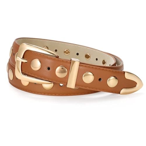 JASGOOD Women Leather Belt Fashion Studded Belt Ladies Punk Belt Gold Buckle Vintage Leather Belt for Jeans Dress