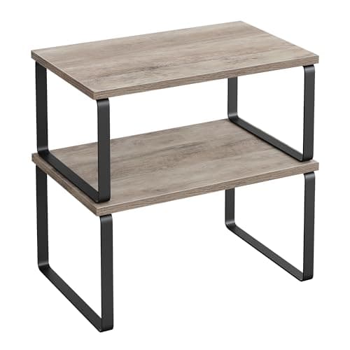 SONGMICS Cabinet Organizer Shelf, Set of 2 Kitchen Counter Shelves, Kitchen Storage, Spice Rack, Stackable, Expandable, Metal and Engineered Wood, 11.7 Inches, Ink Black and Heather Greige UKCS020X02