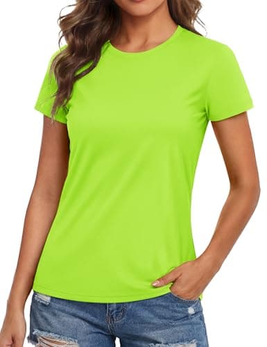 MAGCOMSEN Womens Moisture Wicking Shirts Crew Neck T Shirts Sun UV Protection Short Sleeve Rash Guard Cooling Tops Neon Green, L