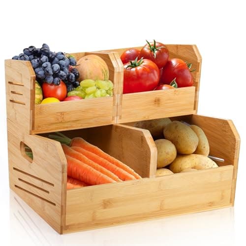 Noamus 2 Tier Bamboo Stackable Storage Bins, 4 Compartment Potato and Onion Storage Baskets, Pantry Organizer Holder with Handle, Open Front Kitchen Fruit Containers for Fruit Bread Vegetable Garlic