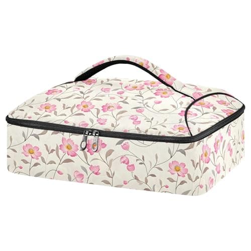 Casserole Carrier Insulated Floral Pink Flower Dish 9x13 with Lid Party Travel Warmer Bag for Hot or Cold Food Lasagna Pizza Holder Tote