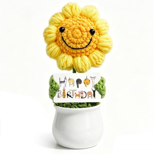 Funny Birthday Gifts, Positive Crochet Sunflower with Sunshine Smile - Handmade Joy for Women, Teens & Kids | Sister, Boy & Girl Positive Emotional Support Buddy | Instant Celebration Desk Cheer