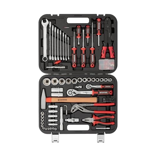 INTERTOOL Metric Tool Set, 100-Piece, 1/4” & 1/2” Drive Sockets, Wrenches, Electrical Tools, Screwdrivers, Bits, Pliers, Hammer, Car, Home, Repair, Mechanic Kit, DIY, Gift ET08-8100