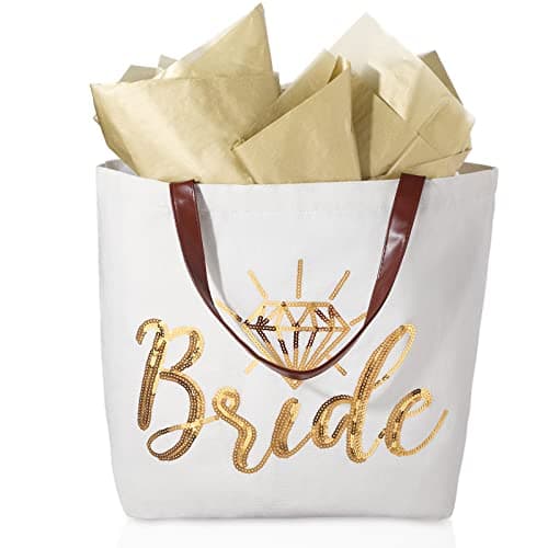Saintrygo Wedding Bride Tote Bag Bride to Be Gifts for Bridal Shower with 4 Sheets Shower Wrapping Paper Wedding Party, Bachelorette Party Supplies Engagement Honeymoon