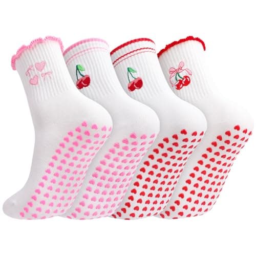 scenicamp 4 Pairs Pilates Grip Socks for Women, Cute Non-Slip Yoga Socks with Grippy Dots & Arch Support for Ballet & Reformers