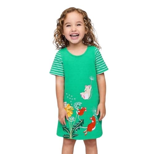 HILEELANG Little Girls Short Sleeve Easter Dress Cotton Casual Green Lion Applique Jersey Shirt Playwear Dresses Size 7