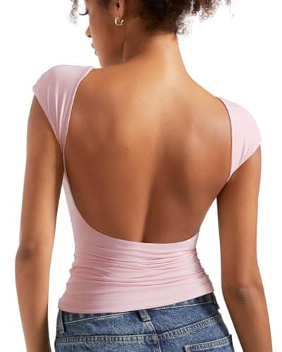 SUUKSESS Women Backless Sexy Going Out Crop Tops Double Lined Open Back Y2k Basic Tee Shirts (Blush, XS)