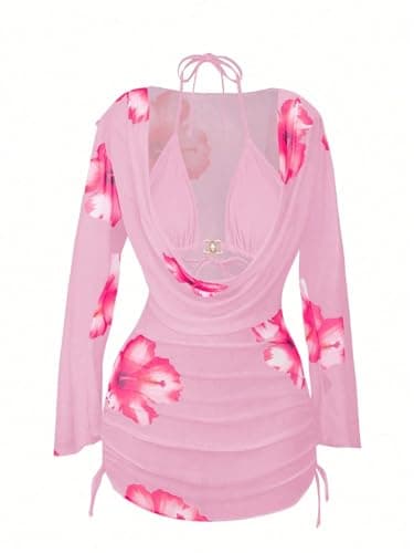 ZAFUL Womens Swimsuit Cover Up Dress Off Shoulder Hollow Coverup Bathing Suit Mesh Swim Beach Dress 1-Pink XL