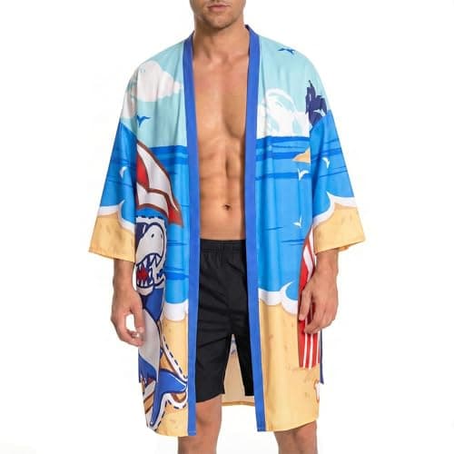 OLAOLA Men Lightweight Kimono Shark Robe with Belt Japanese Style Robe Jacket Casual Open Front Long Cardigan Cape Coat Outwear