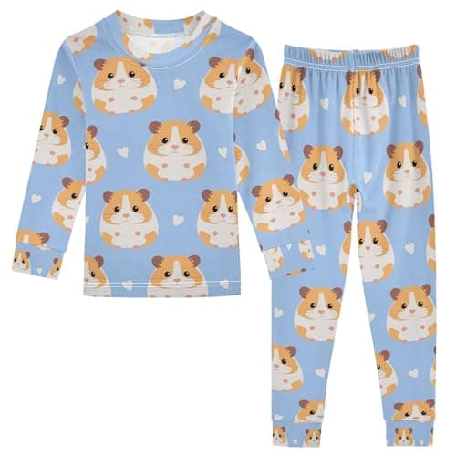 Vozoza Cute Hamster Hearts Blue Pajama Sets Long Sleeve Top with Pants Cotton Soft Sleepwear 2 Piece Pjs Set, 8 Years Old