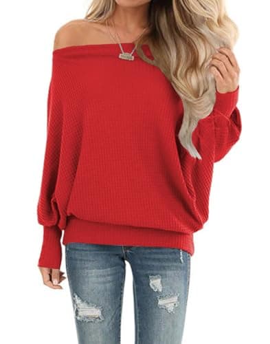 Lacozy Off The Shoulder Tops for Women Waffle Knit Oversized Pullover Sweater Batwing Sleeve Sweatshirt Orange Red 2XL