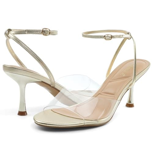 JENN ARDOR Clear Heels for Women Kitten Strappy Sandals Comfort Round Open Toe Ankle Strap Stilettos Wedding Party Low Heeled Dress Shoes Gold