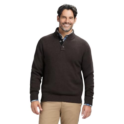 Izod Men's Button Mock Sweater, Black Coffee, Small