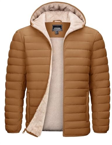 TACVASEN Puffer Coat Men Sherpa Fleece Lined Warm Water Resistant Puffy Winter Jacket Mens with Hood for Travel Outdoors Hiking Light Brown L