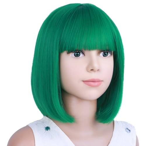 PATTNIUM Kids Green Wig Child Green Bob Wig for Girls Colored Wigs Dark Green Bob Wig Cosplay Party Synthetic Wigs