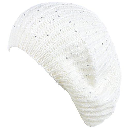 BYOS Women's Cute Subtle Sparkly Sequin Cable Knitted Crochet Beret Beanie Hat,Mid-Weight Lightweight (Off-White)
