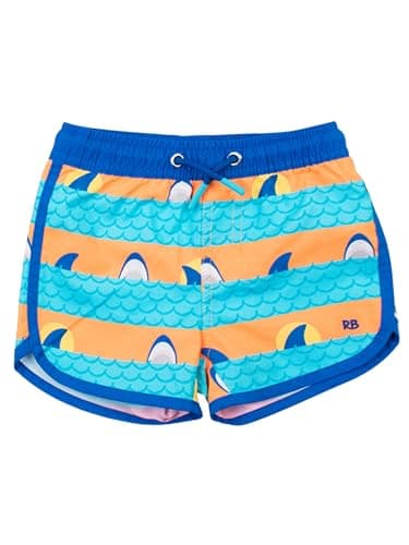 RUGGEDBUTTS Boys UPF50+ Sun Protection Dolphin Hem Swim Trunks - Neon Sharks & Stripes, 6-12m