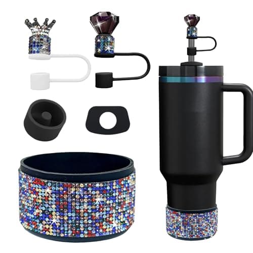 JIASHEBDE Crown & Diamond Rhinestone Accessories Set for Stanley Cup – Bling Straw Covers, Spill Proof Stoppers, Glitter Silicone Boot for Stanley Quencher H2.0 40oz/30oz Tumbler (Black B)