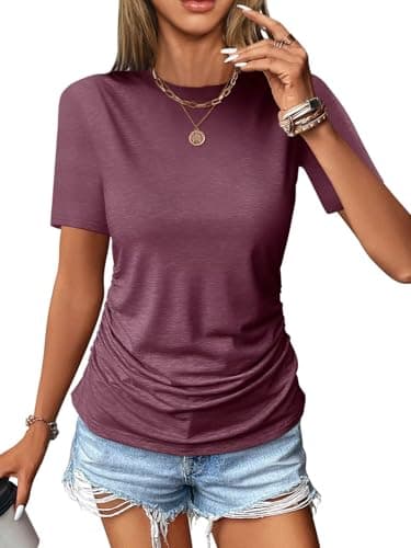 Micticsi Womens Ruched Tops Short Sleeve T Shirts Crewneck Slim Fitted Top Casual Spring Summer Trendy Clothes 2025 Red Brown