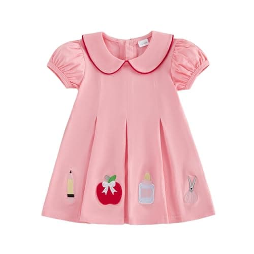 Little Toddler Girl Back to School Dress Smocked First Day of Pre-k Dress (Pink D, 5-6 Years)
