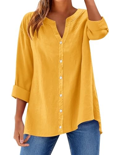 LOMON Button Up Shirts for Women V Neck Button Down Shirt Long Sleeve Cotton Linen Dressy Casual Loose Blouse Yellow M