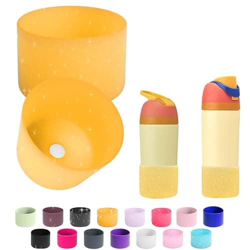 2PCS Silicone Water Bottle Boot for Owala 14/16oz 24oz 32oz 40oz,Anti-Slip Protective Sleeve Bottom Bumper Protector for FreeSip, Twist, and Flip Water Bottles (Clear Glitter Yellow, 16/14oz)
