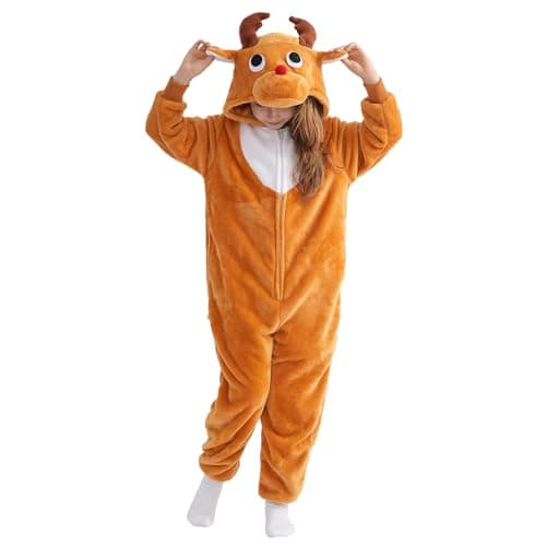 Beauty Shine Onesie Cartoon Animal Costume One Piece Pajamas Cosplay Halloween Christmas Sleepwear Jumpsuit Homewear (US, Age, 10 Years, Reindeer)