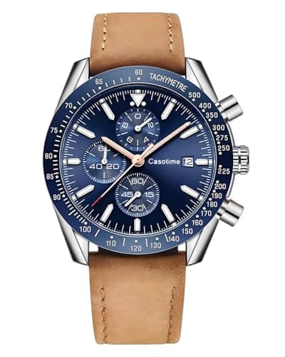 Casotime Blue Mens Leather Band Chronograph Watch 3ATM Water Resistant Luxury Luminous Big Face Quartz Analog Watches for Men Business Casual Dress Watch Elegant Anniversary Birthday Gift for Men