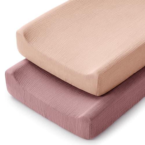Comfy Cubs Muslin Fitted Changing Pad Cover Pack of 2, Mauve and Blush - Soft, Breathable & Washable 100% Cotton Fitted Sheet for Baby's Comfort - Universal Fit for Flat & Curved Baby Changer Pad