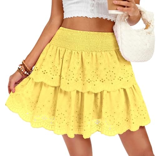 Kate Kasin Yellow Ruffle Mini Skirt for Women, Pleated A Line Flowy Layered Skirts, Y2K Summer Casual Vacation Concert Outfits
