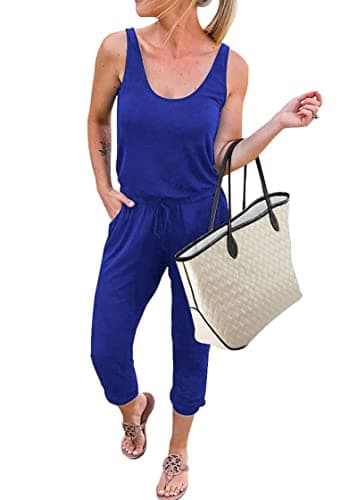 KIRUNDO Women 2026 Summer Jumpsuits Casual Sleeveless Drawstring Elastic Waist Romper Vacation Cruise Airport Travel Outfits(Blue, XX-Large)