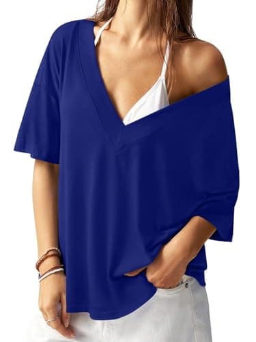 REORIA Women's Trendy Oversized V-Neck T Shirt Short Sleeve Off The Shoulder Contrast Stitching Loose Fit Tops for 2026 Spring Summer Dark Blue Large