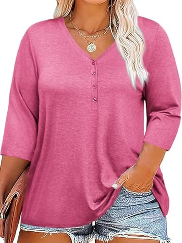 Tankaneo Women Plus Size Tops V Neck 3/4 Sleeve Casual T Shirts Loose Basic Tunic Tees Hot Pink