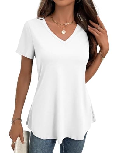 JUSTFASHIONNOW Women's Short Sleeve Flowy V Neck Tunic Tops for Leggings Loose Fit Dressy Casual Summer Beach Basic T Shirts(White Medium)