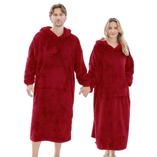 PJGGZ Wearable Blanket Hoodie for Women Men, Fleece Warm Comfy Hooded Sweatshirt with Pockets & Sleeves Cozy Gift for Adult(Red,Oversize)