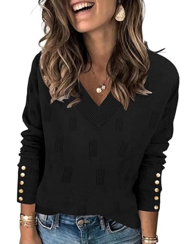 AKEWEI Women's Sweaters Casual V Neck Long Sleeve Pullover Tops Lightweight Knit Fall Clothes(Black,XXL)