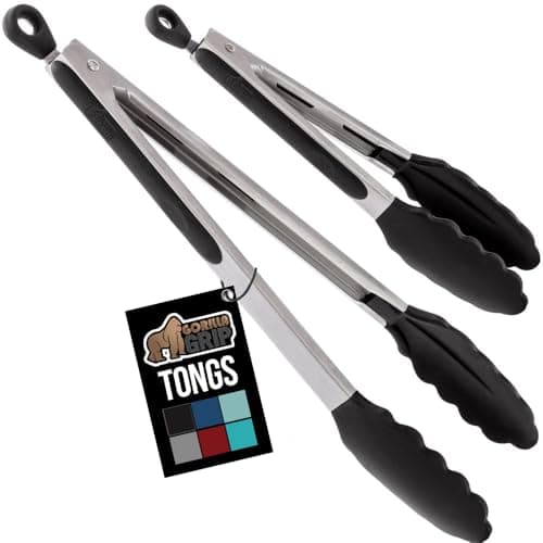 GORILLA GRIP Stainless Steel BPA-Free Kitchen Tongs for Cooking, Heat Resistant BBQ Tong Set of 2, Non Scratch Silicone Tip for Pan, Strong Grip, Grab Food, Toss Salad, Pull Lock, 7+9 Inch, Black