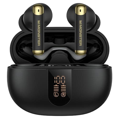 Monster Wireless Earbuds, Bluetooth 6.0 in-Ear Headphones with Charging Case, Stereo Earphones Deep Bass Sound, Built-in Mic, Clear Call, Water Resistant Design for Sports Black