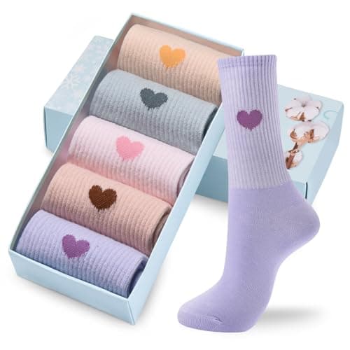 Corlap Women's Cotton Crew Calf Socks - 5 Pairs Ankle High Dress Casual Socks, Fun Cute Heart Gifts for Mom Mother